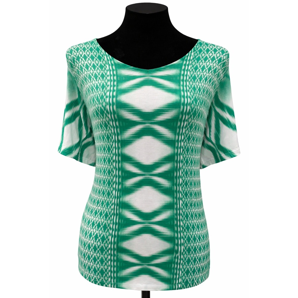 Chico's Womens Dolman Sleeve V-Neck Top Size 1‎ Green Tribal Print Knit Stretch